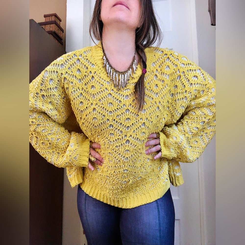 Soft Yellow Chenille Lace Diamond Pattern Sweater